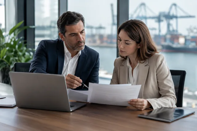 Dos profesionales revisan documentos con vista a un puerto